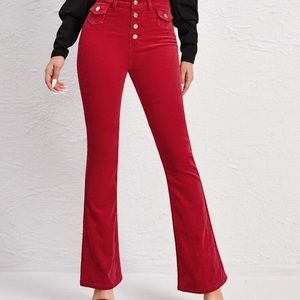 Buttoned Front Flap Detail Flare Leg Cord Pants